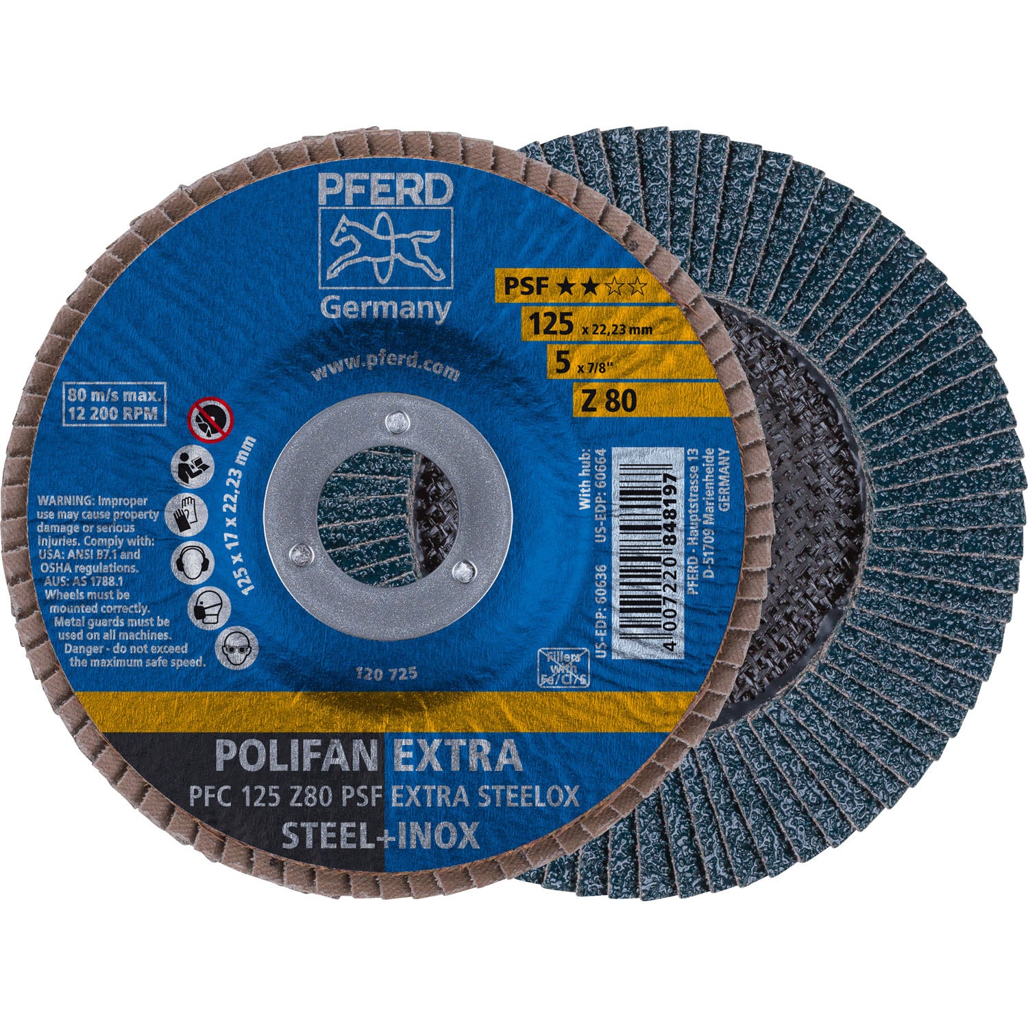 5 x 7/8 A.H. POLIFAN® Flap Disc - Z PSF EXTRA STEELOX, Zirconia, 80 Grit,  Conical (5pc)