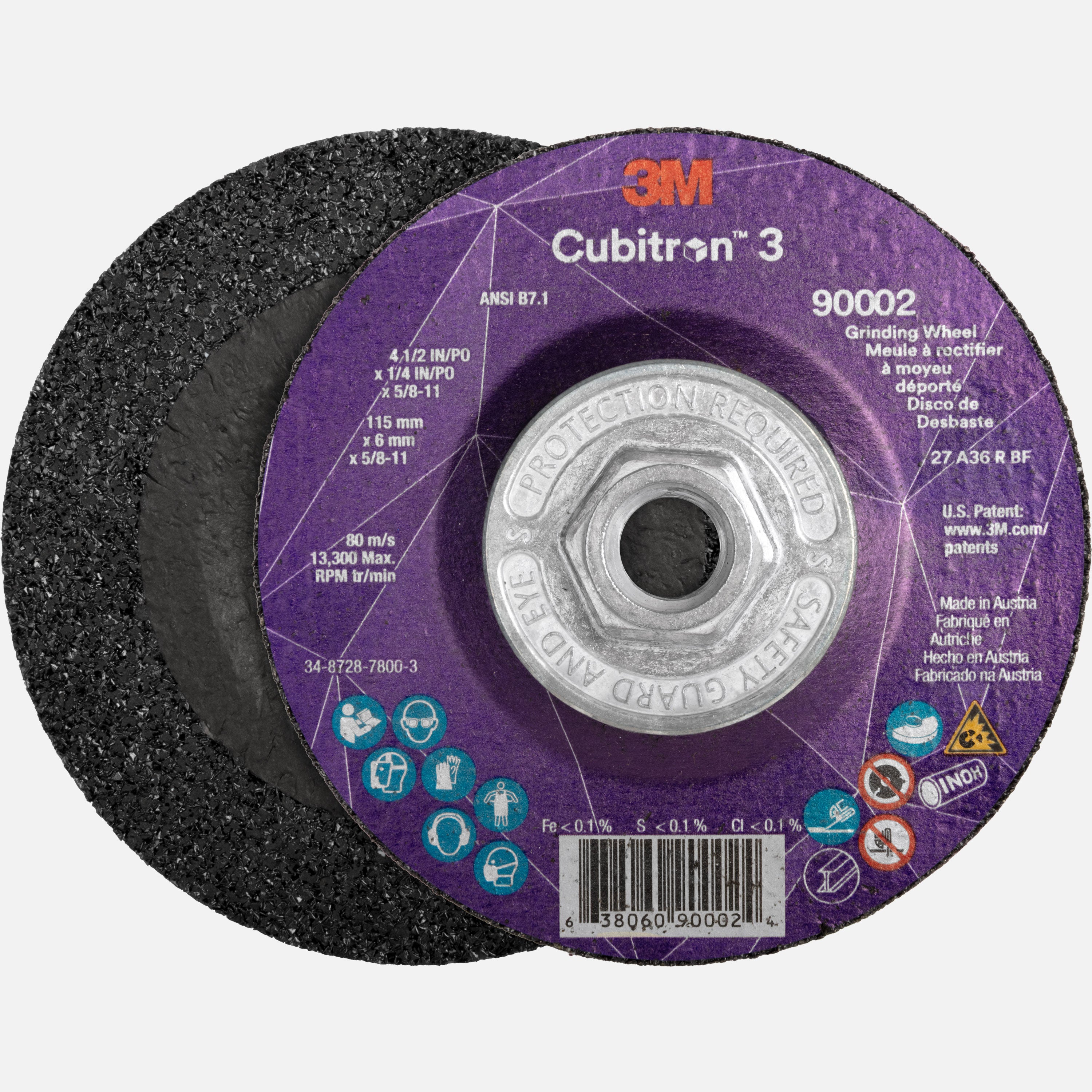 3M™ Cubitron™ 3, Depressed Center Grinding Wheel, 36+ Grit, T27, 4-1/2 in x 1/4 in x 5/8 in-11, ANSI, 90002 (10-Pack)