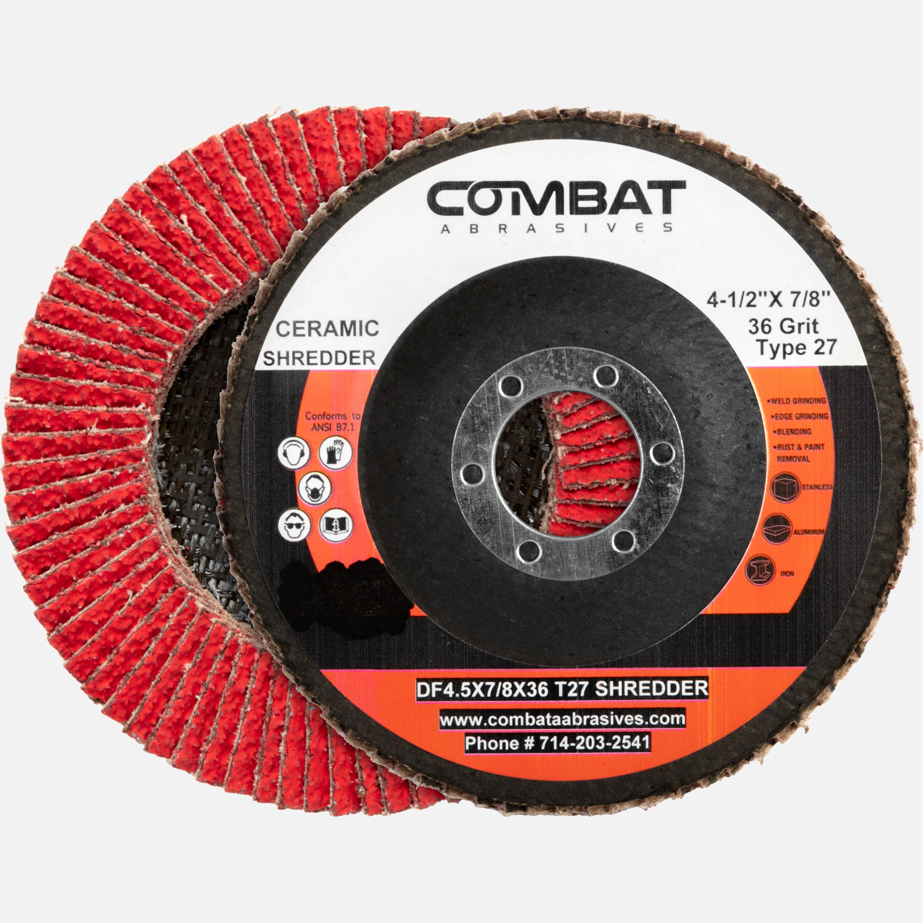 Combat, 4.5", 7/8" Arbor, 36 Grit, Ceramic Shredder, T27, 40371 (5-Pack)