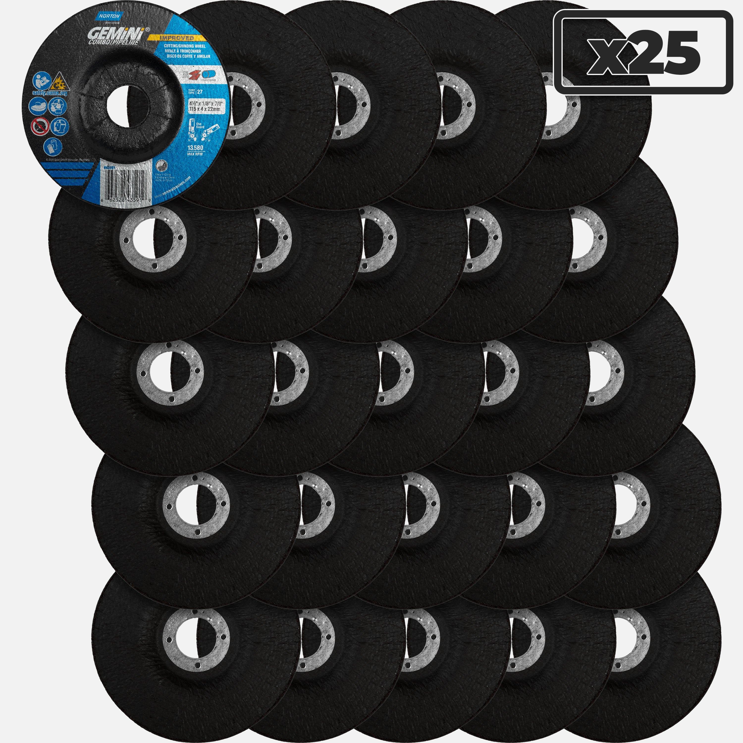 Gemini Grinding and Cutting Wheell A 24 T T27, 4-1/2" x 1/8 x 7/8" (25 pc)