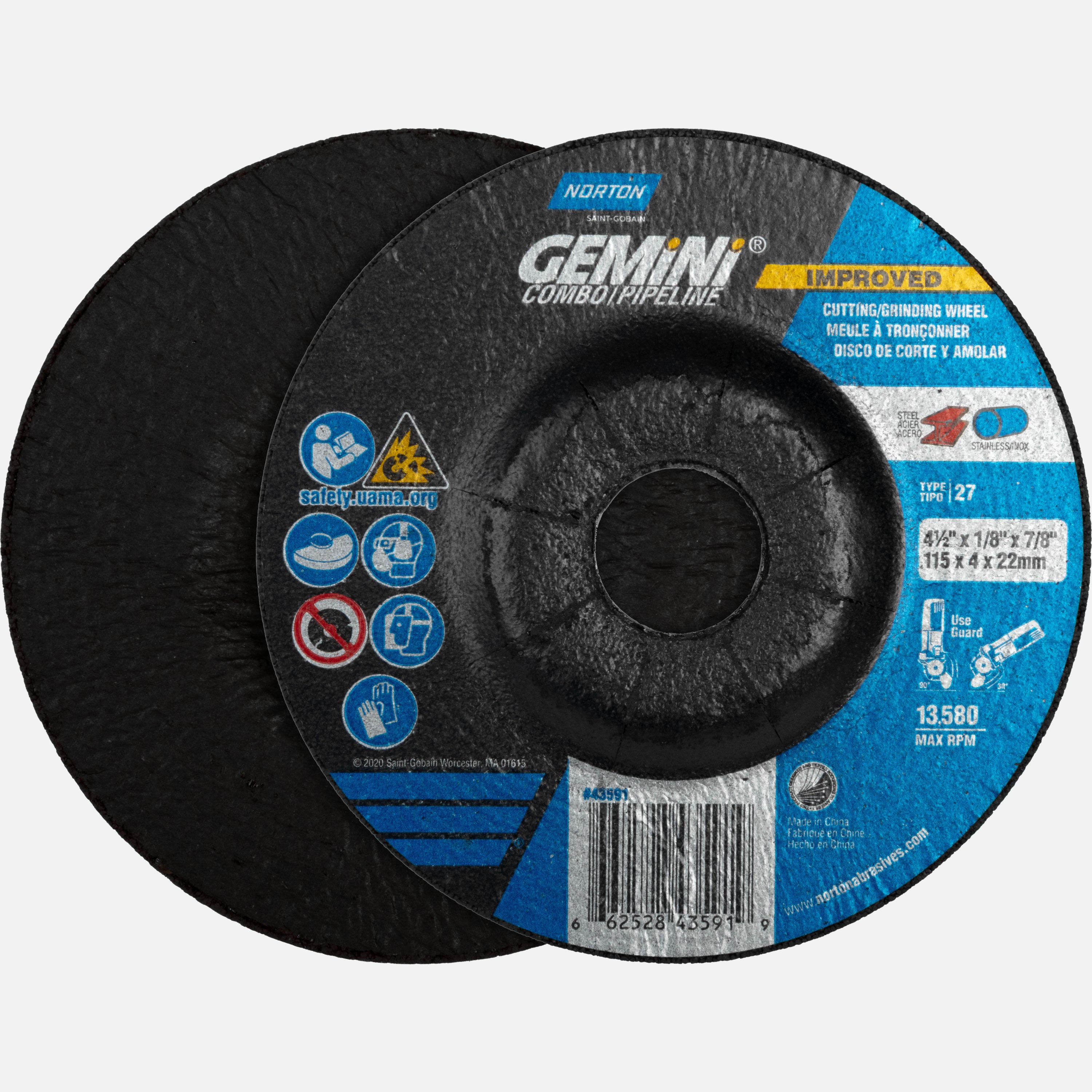 Gemini Grinding and Cutting Wheell A 24 T T27, 4-1/2" x 1/8 x 7/8" (25 pc)