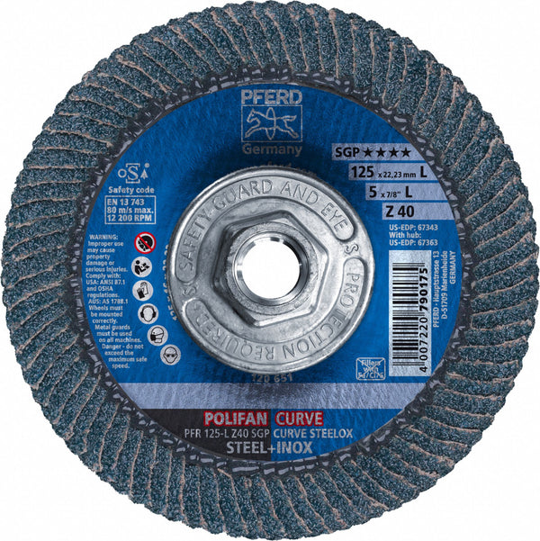 5" x 5/8-11 Thd. POLIFAN® Flap Disc - Z SGP CURVE STEELOX, Zirconia, 40 Grit, Large Radius (5pc)