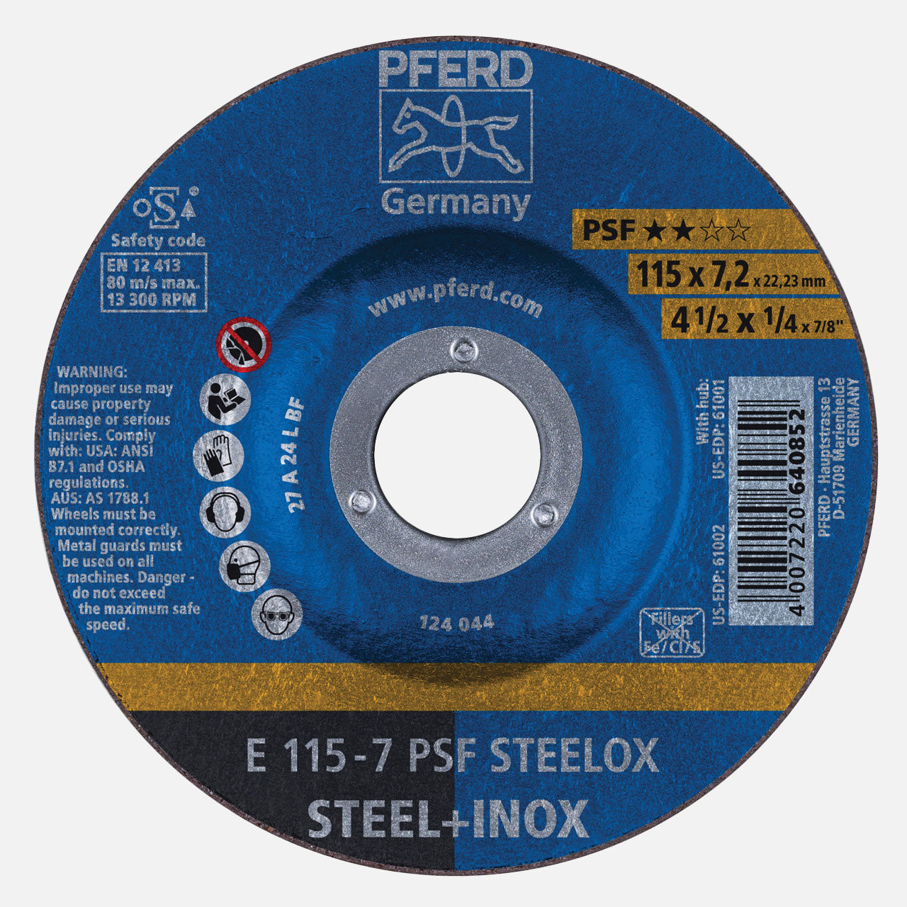 4-1/2" x 1/4 Grinding Wheel, 7/8" A.H. - PSF STEELOX - Type 27 (5pc)