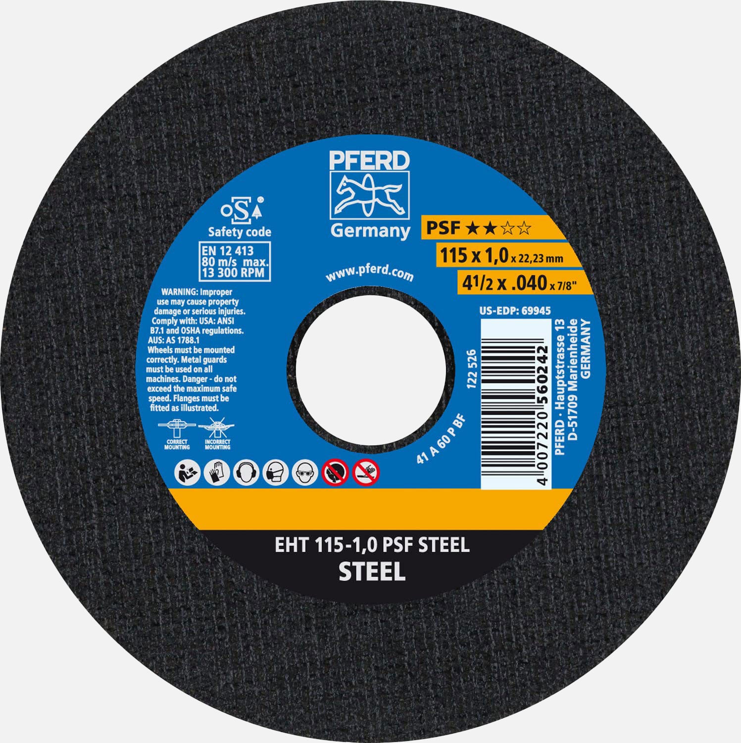 4-1/2" x .040" Cut-Off Wheel, 7/8" A.H. - PSF STEEL - Type 1 (5pc)