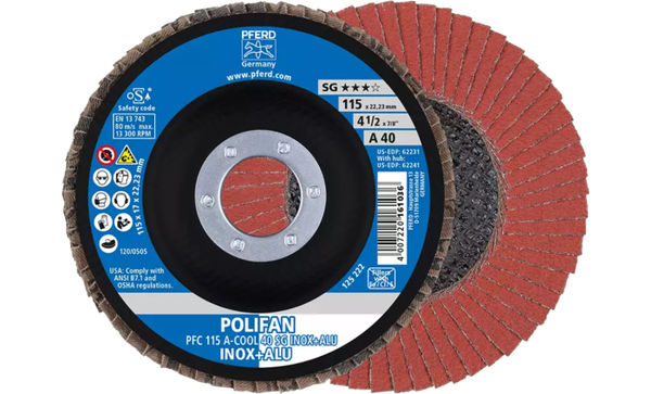4-1/2" x 7/8" A.H. POLIFAN® Flap Disc - A-COOL SG INOX+ALU, Aluminum oxide, 40 Grit, Conical (5pc)